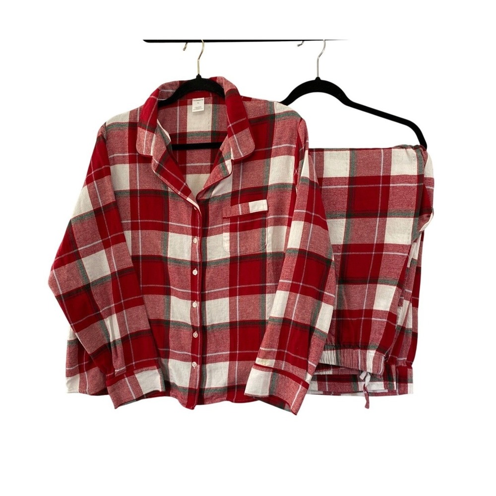 Liz Claiborne Pajama Set Women XL Red White Plaid Cotton Button Up Sleepwear